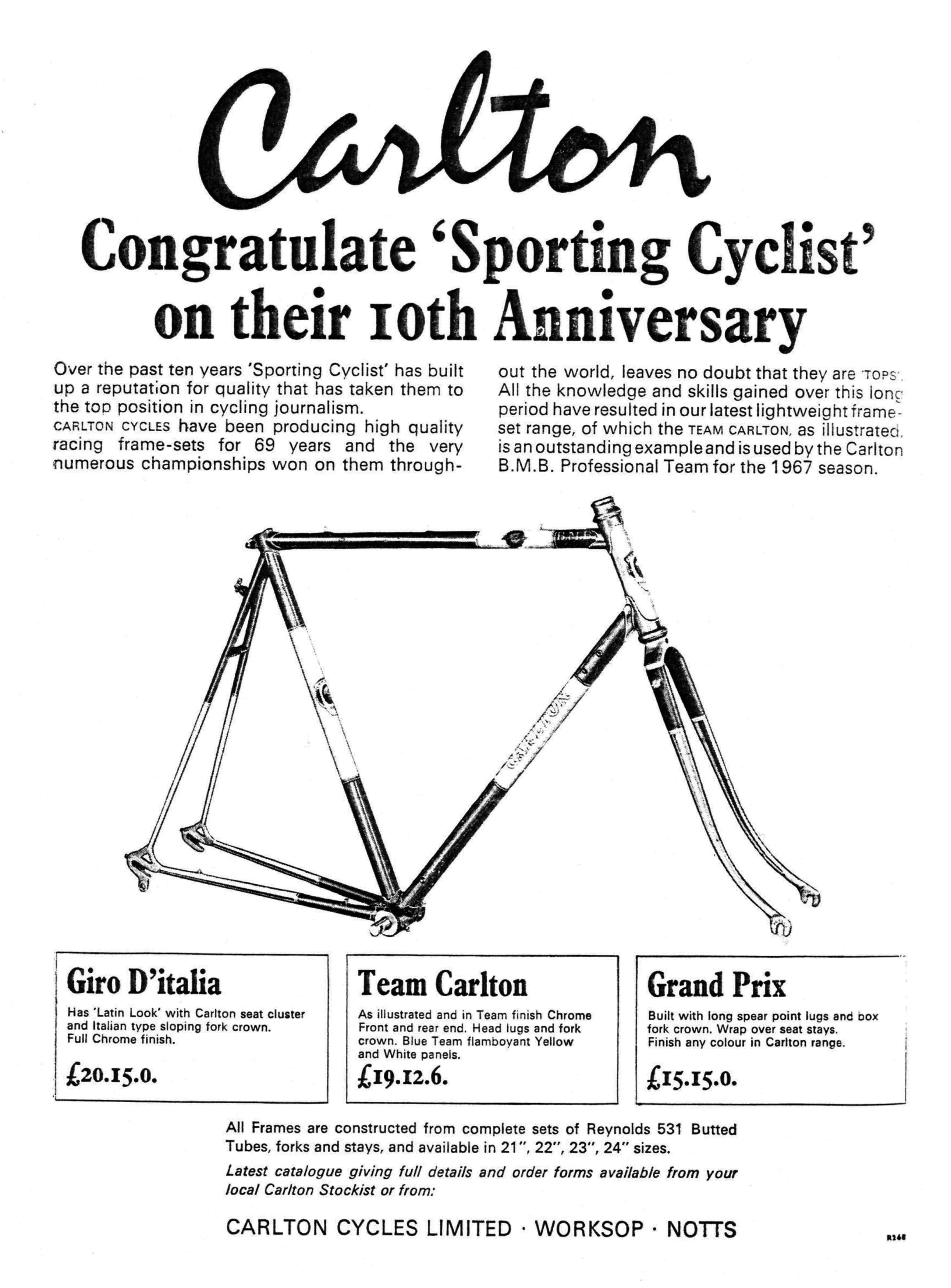 Carlton Cycles Sporting Cyclist Advertisement May 1967
