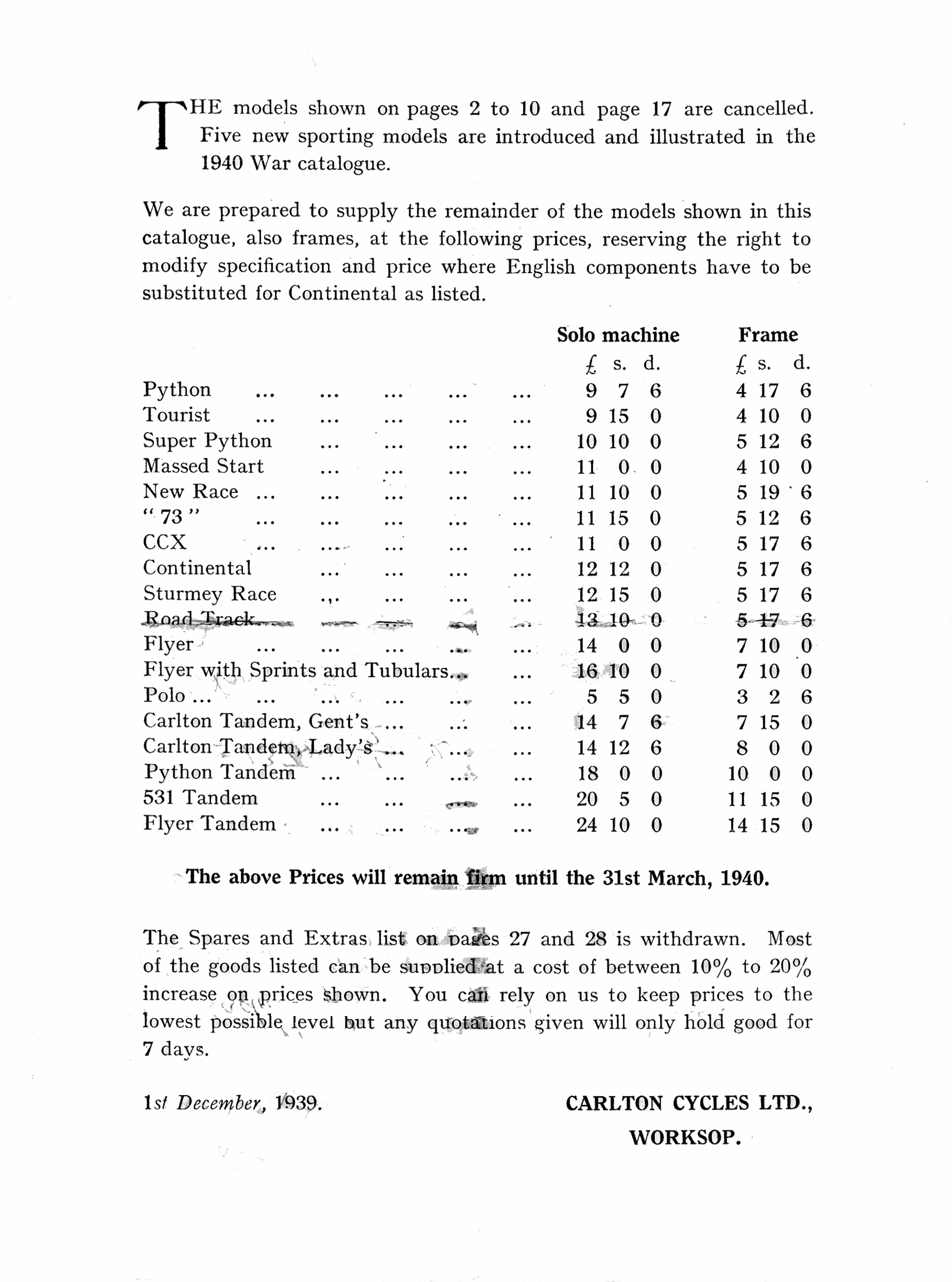 1939 Carlton Cycles Price List
