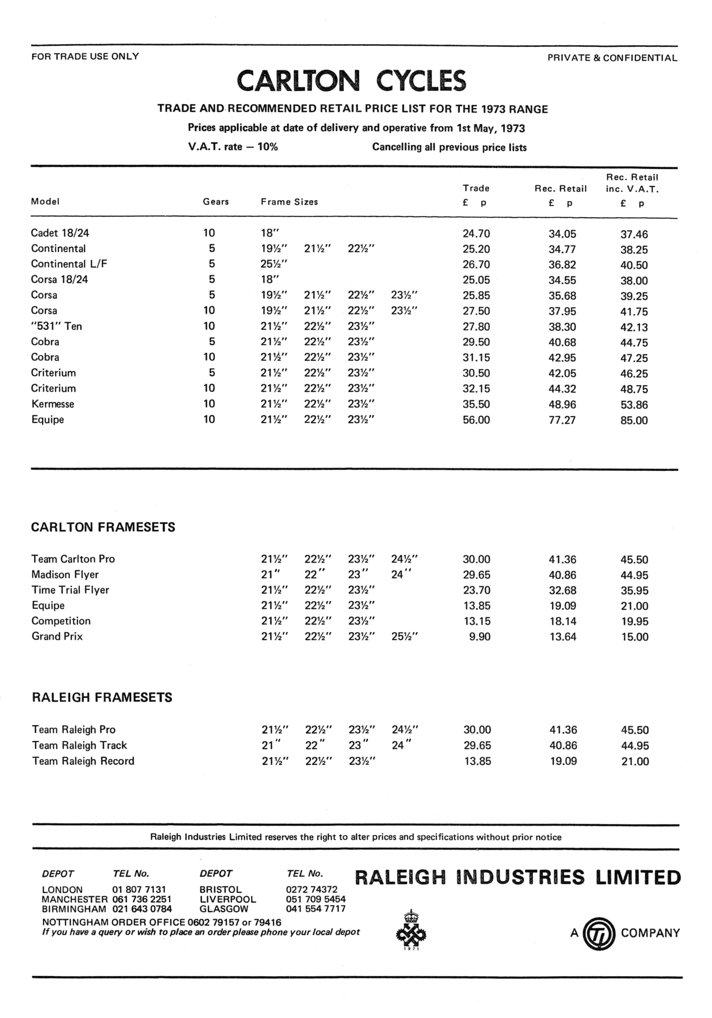 1973 Carlton Cycles Price List