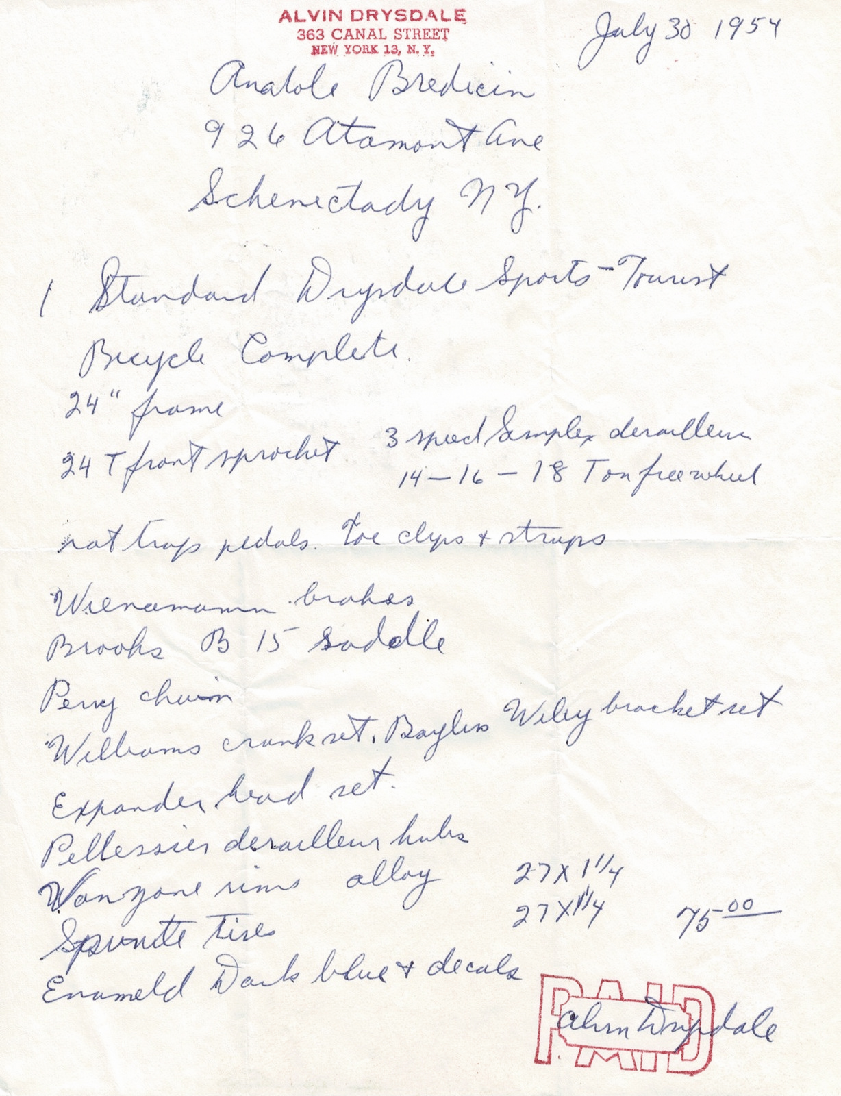 Alvin Drysdale Build Sheet 7-30-1954