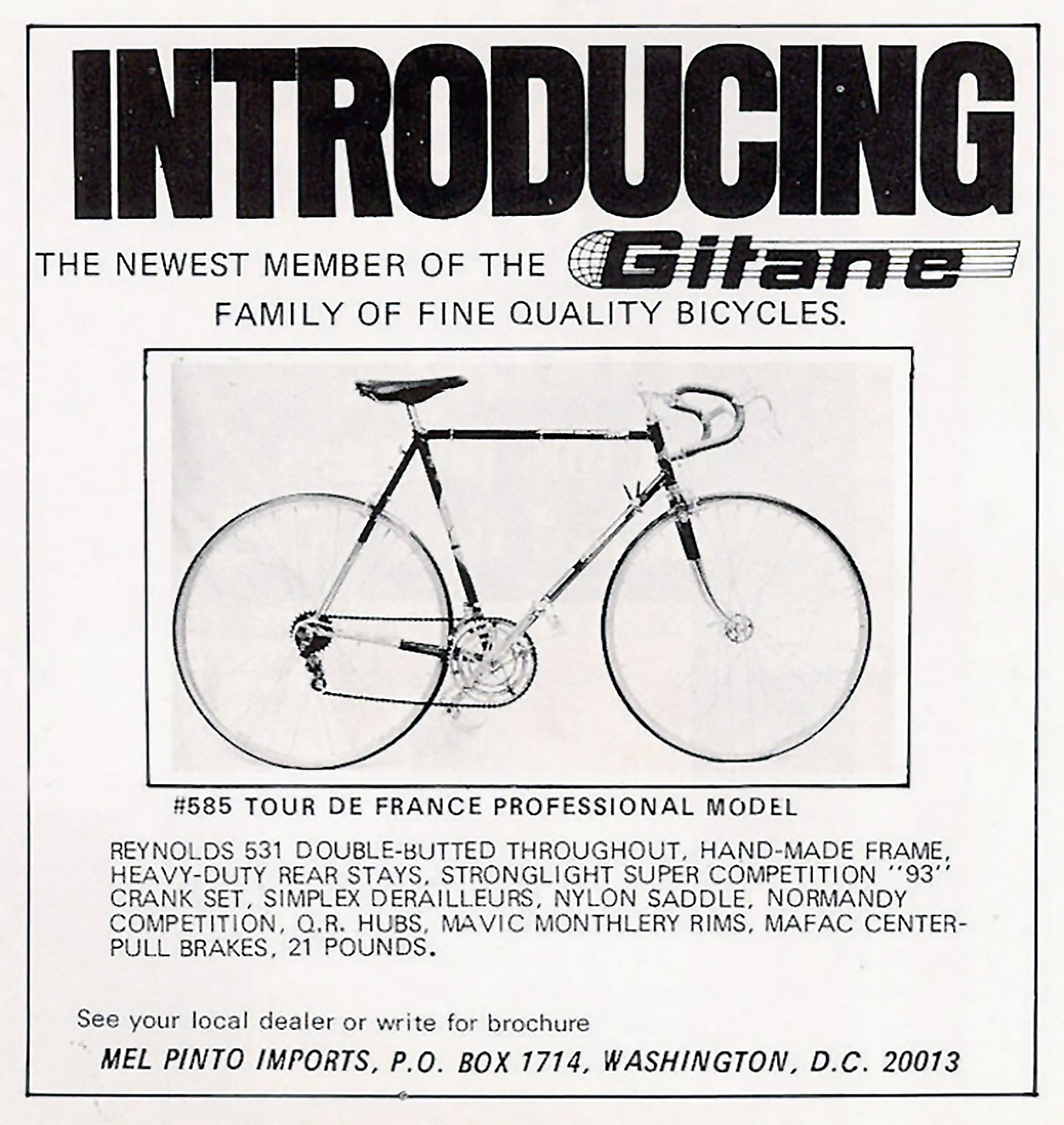 Gitane Tour de France 1970 Mel Pinto Imports Advertisement